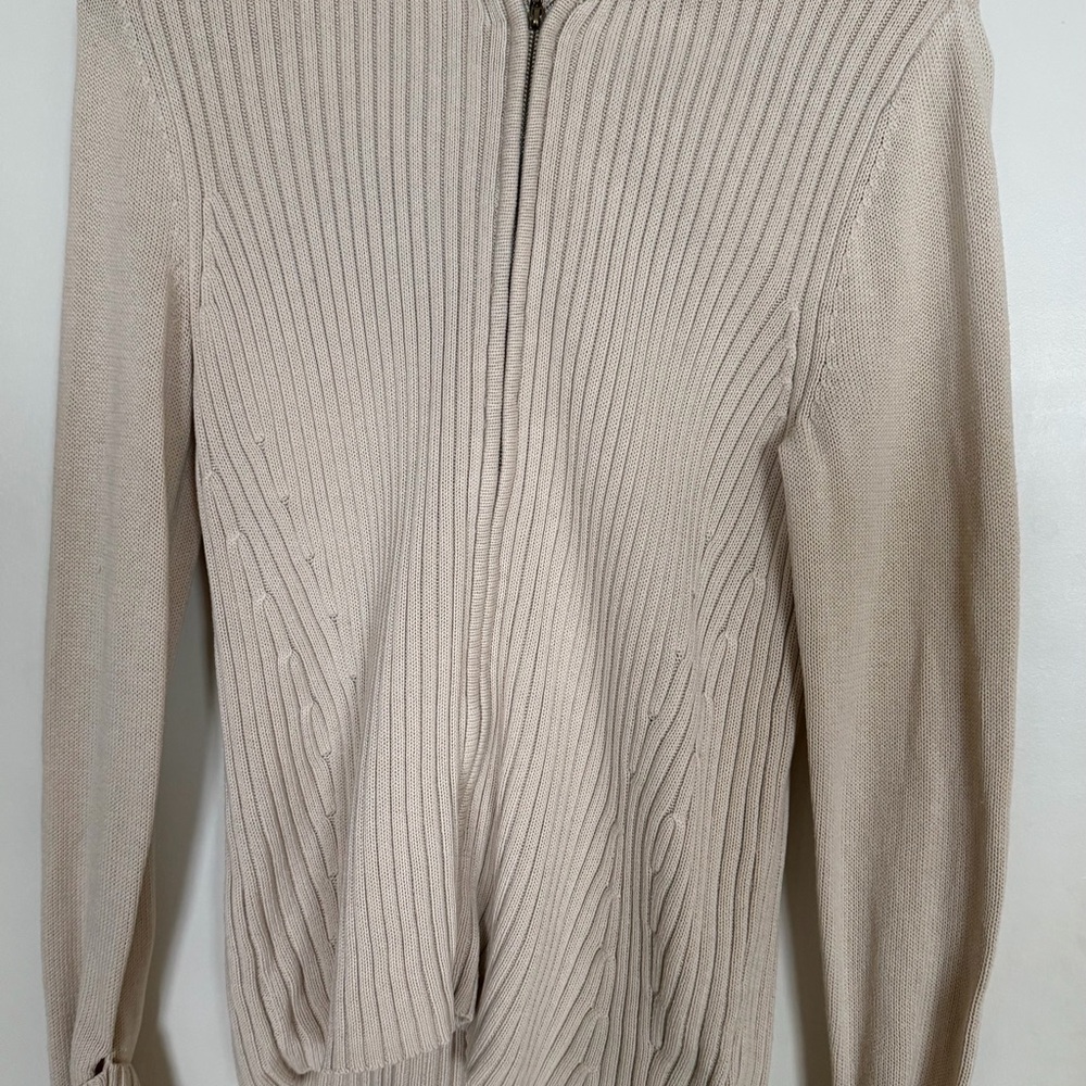 Evan Picone Cream Cable Knit Zip Hoodie Cardigan Sweater Medium - Picture 2 of 8
